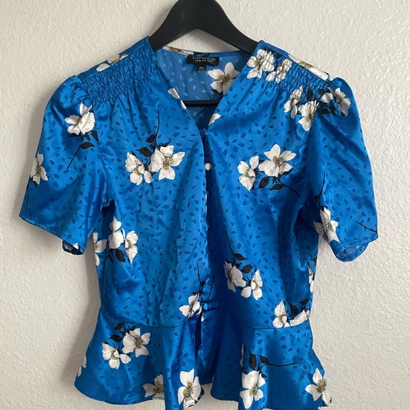 Topshop Vibrant Blue Floral Satin Blouse - Picture 6 of 8